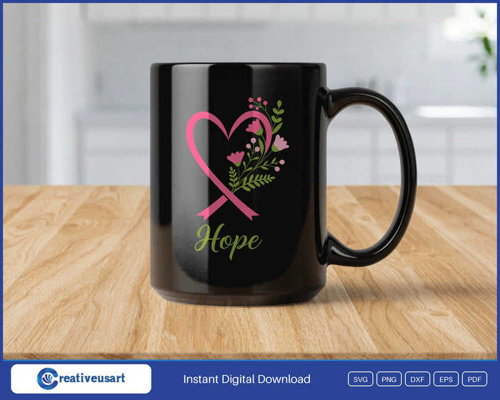 Hope pink ribbon heart with flowers breast cancer SVG design on a black coffee mug