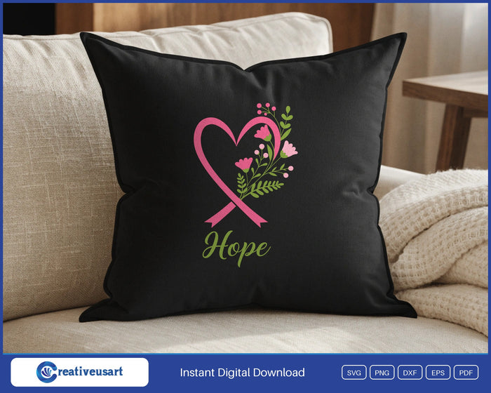 Hope pink ribbon heart with flowers breast cancer SVG design on a black throw pillow