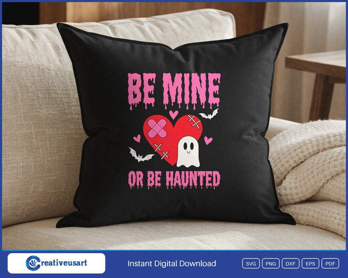 Horror Valentine SVG design on a black throw pillow