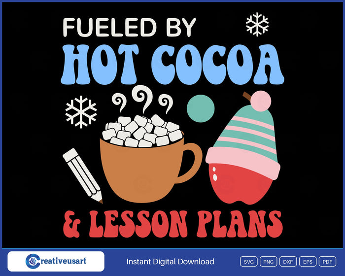 Fueled By Hot Cocoa And Lesson Plans SVG, a marshmallow cocoa mug beside an apple in a striped beanie