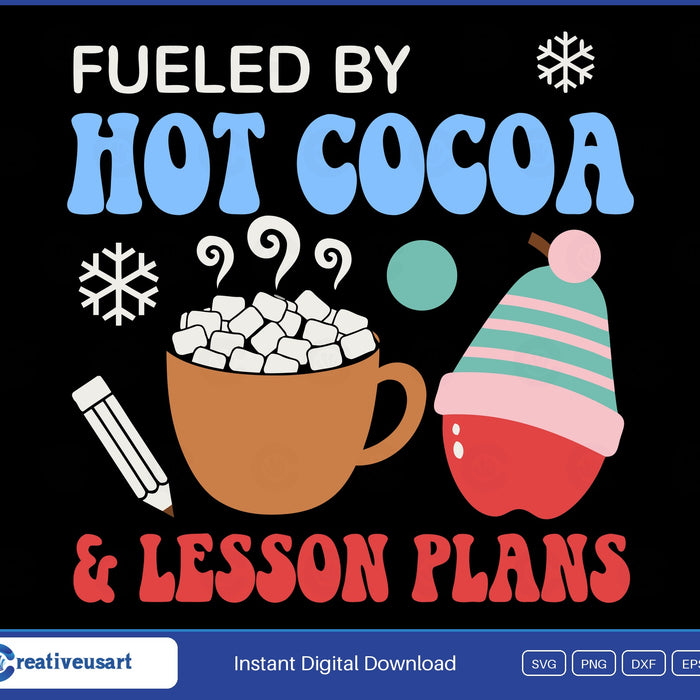 Fueled By Hot Cocoa And Lesson Plans SVG, a marshmallow cocoa mug beside an apple in a striped beanie
