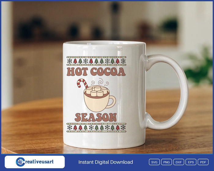 Hot Cocoa Season design on a white coffee mug