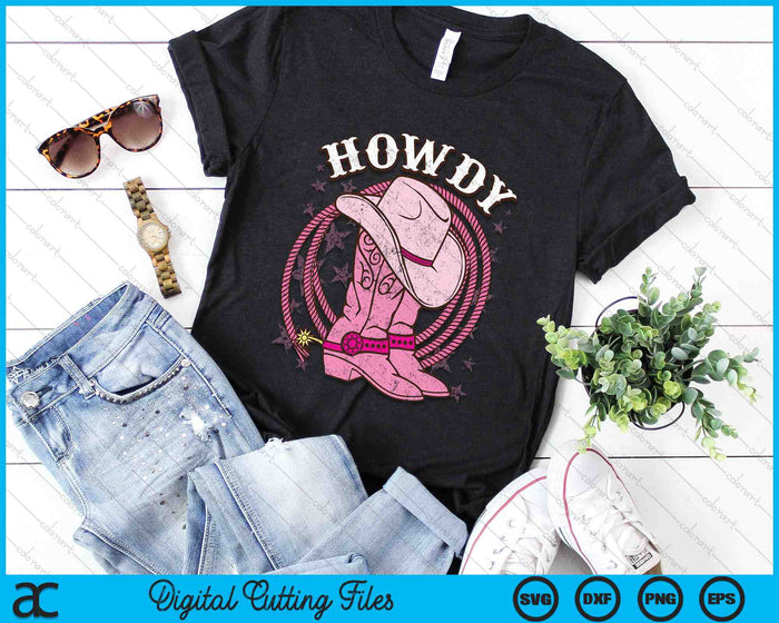 Howdy Pink Cowboy Hat Boots Country Western Rodeo SVG PNG Digital Cutting Files