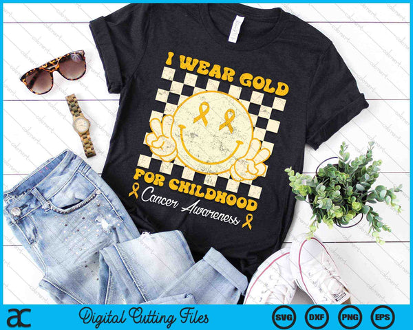 I Wear Gold For Childhood Cancer Awareness Smile Face Groovy SVG PNG Digital Cutting Files