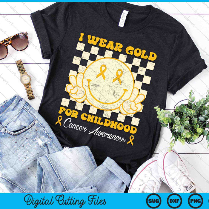 I Wear Gold For Childhood Cancer Awareness Smile Face Groovy SVG PNG Digital Cutting Files