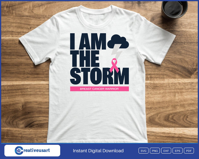 I Am The Storm, Breast Cancer Warrior, with a storm cloud, lightning and a pink ribbon design on a white t-shirt