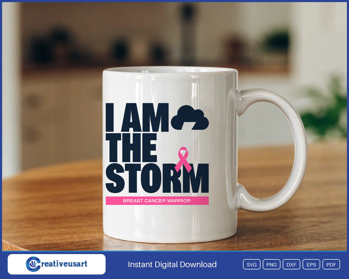 I Am The Storm, Breast Cancer Warrior, with a storm cloud, lightning and a pink ribbon design on a white coffee mug