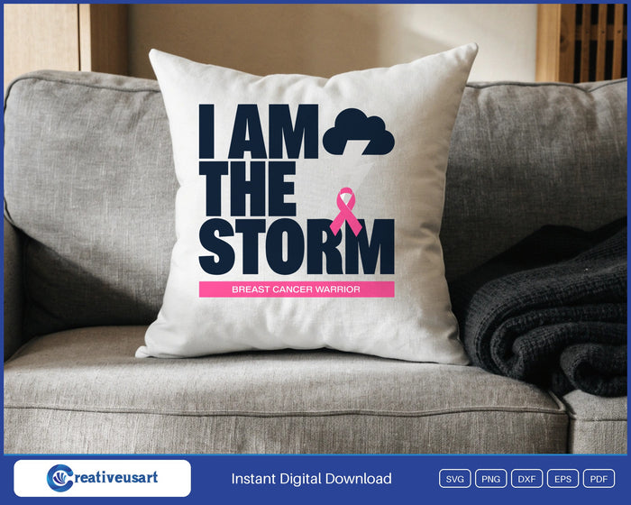 I Am The Storm, Breast Cancer Warrior, with a storm cloud, lightning and a pink ribbon design on a white throw pillow