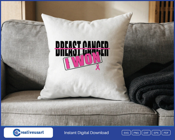 I Won Breast Cancer Survivor Stamp SVG design on a white throw pillow