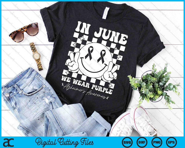 In June We Wear Purple Alzheimer's Awareness Groovy Smile SVG PNG Digital Cutting Files