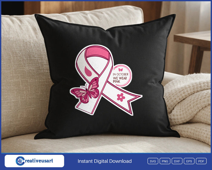 In October We Wear Pink butterfly ribbon SVG design on a black throw pillow