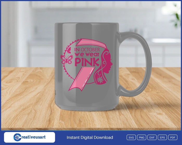In October We Wear Pink woman profile SVG design on a black coffee mug