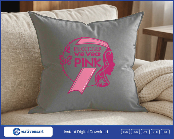 In October We Wear Pink woman profile SVG design on a black throw pillow