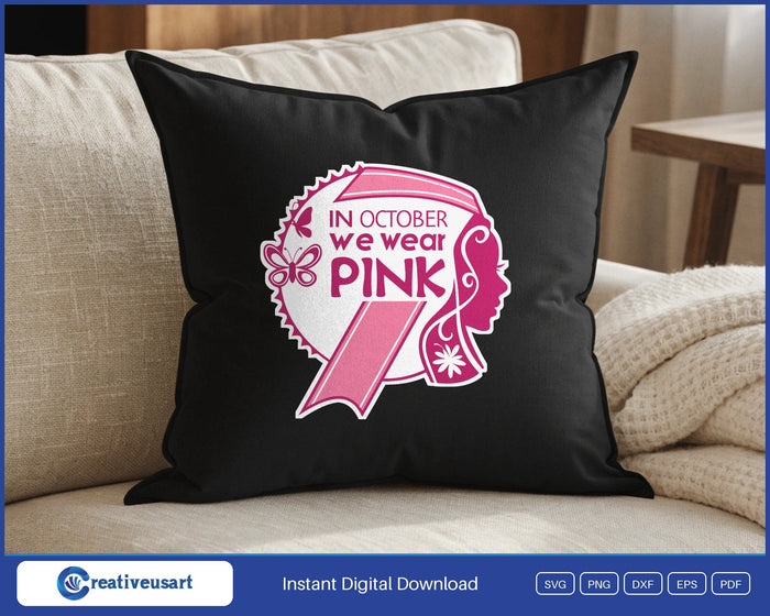 In October We Wear Pink woman profile SVG design on a black throw pillow