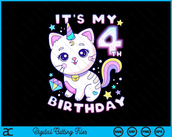 Het is mijn 4e verjaardag Eenhoorn feestvarken 4 jaar oud SVG PNG digitale afdrukbare bestanden