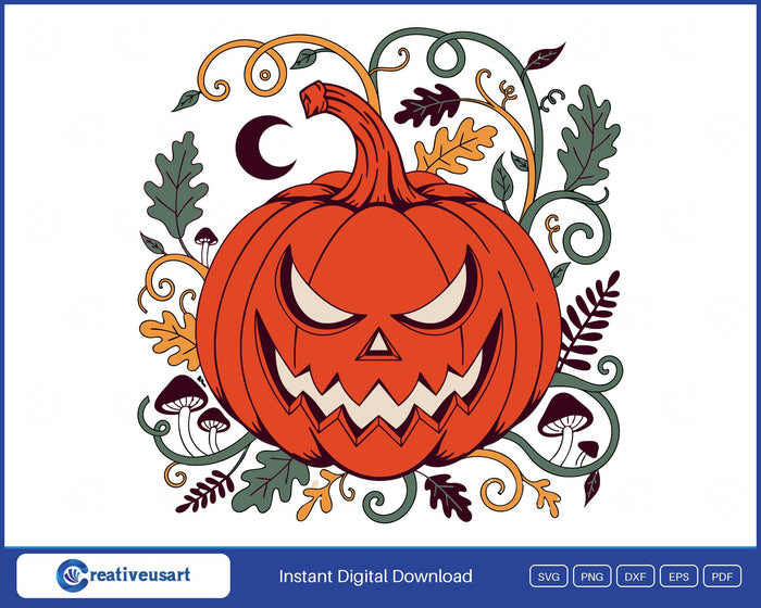 Jack O Lantern Folk Art Pumpkin Vines And Mushrooms SVG - Folk art jack o lantern