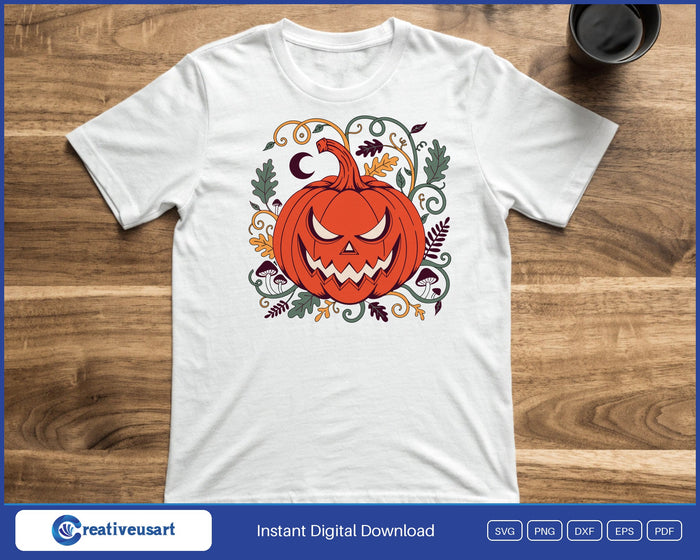 Folk art jack o lantern SVG design shown on a t-shirt
