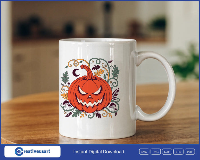 Folk art jack o lantern SVG design on a mug