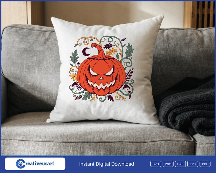 Folk art jack o lantern SVG design on a throw pillow