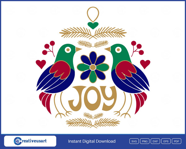 Joy folk art Christmas ornament with two birds SVG design on a white background