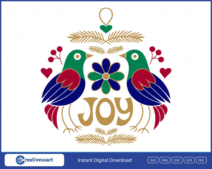 Joy folk art Christmas ornament with two birds SVG design on a white background