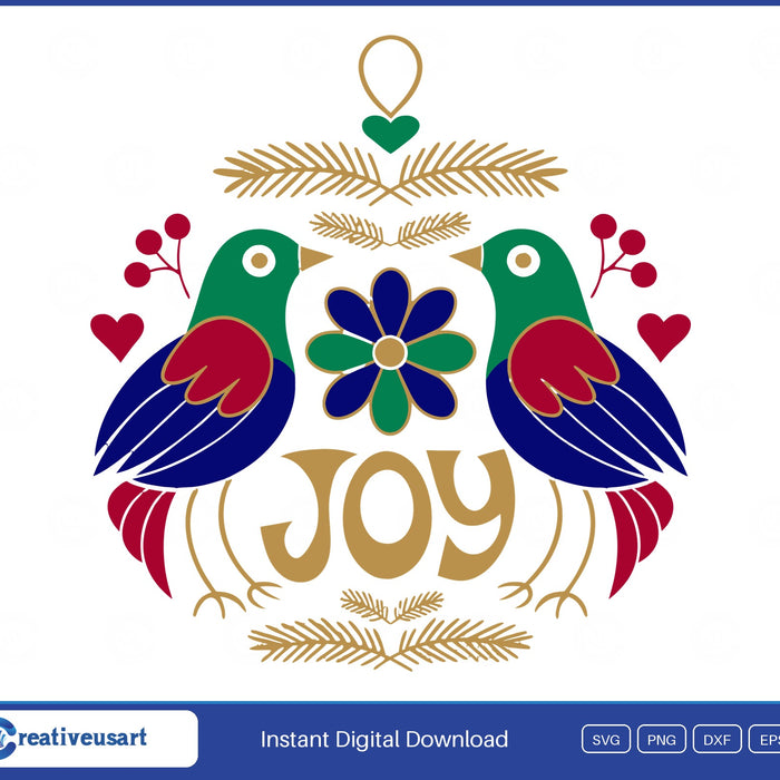 Joy folk art Christmas ornament with two birds SVG design on a white background