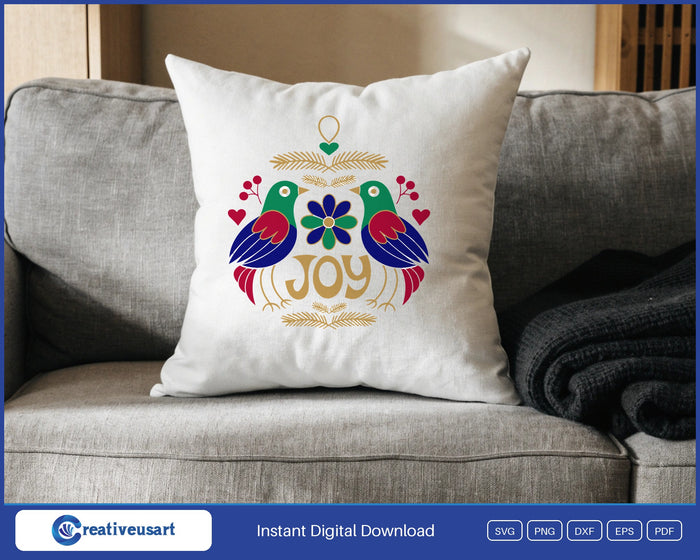 Joy folk art Christmas ornament birds SVG design on a white throw pillow