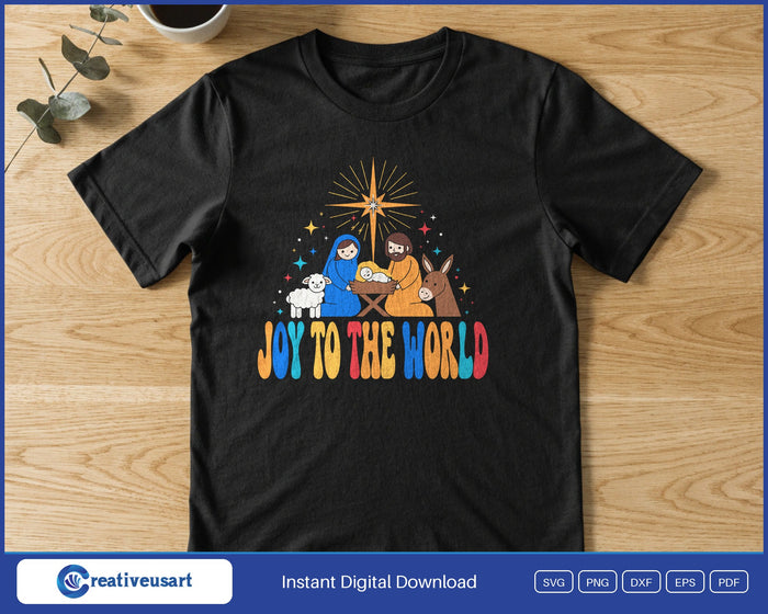 Joy To The World joyful nativity Christmas design printed on a black t-shirt