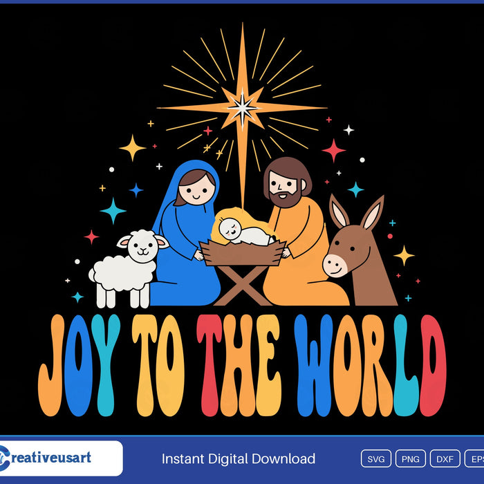 Joy To The World nativity SVG, smiling Mary and Joseph with baby Jesus in the manger, a lamb and a donkey under the star of Bethlehem