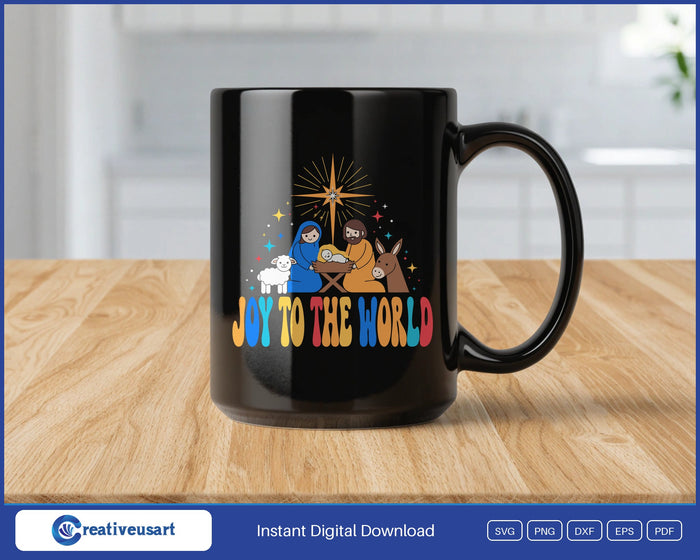 Joy To The World joyful nativity Christmas design on a black coffee mug