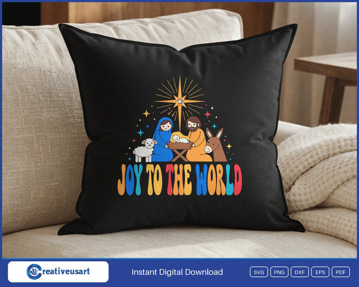 Joy To The World joyful nativity Christmas design on a black throw pillow