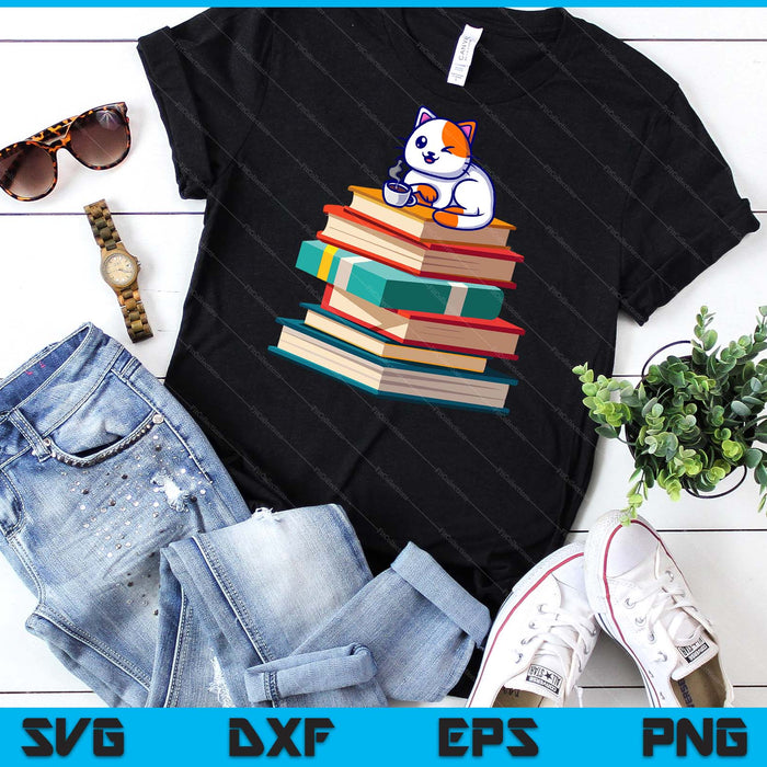 Kawaii Cat T Coffee Books Teacher Women's SVG PNG Digital Cutting File