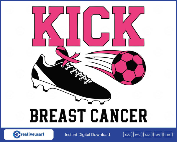 Kick Breast Cancer black soccer cleat with a pink ribbon kicking a pink ball SVG design on a white background