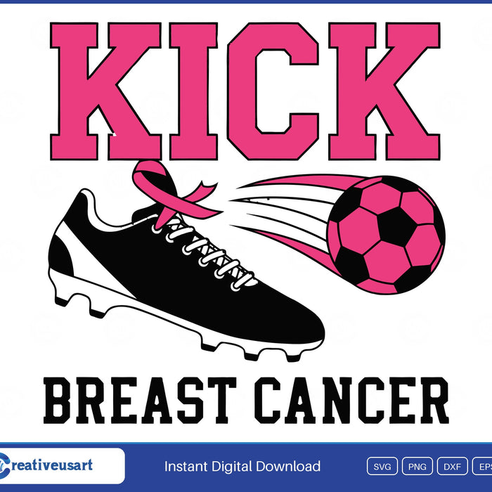 Kick Breast Cancer black soccer cleat with a pink ribbon kicking a pink ball SVG design on a white background