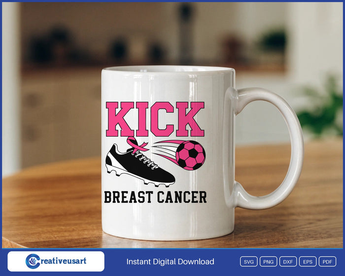 Kick Breast Cancer soccer cleat and pink ball SVG design on a white coffee mug