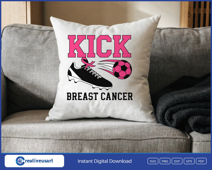 Kick Breast Cancer soccer cleat and pink ball SVG design on a white throw pillow