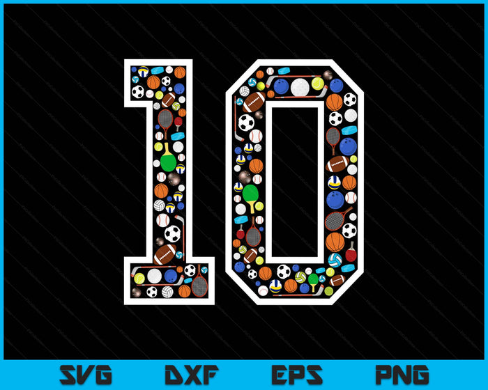 Kids 10th Birthday Sports Big Number Three 10 Year Old Boy SVG PNG Digital Printable Files