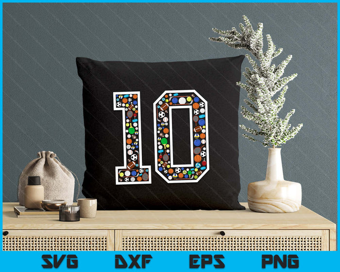 Kids 10th Birthday Sports Big Number Three 10 Year Old Boy SVG PNG Digital Printable Files