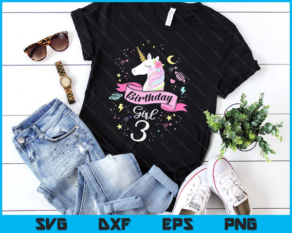 Kids 3 Year Old Girl Birthday Unicorn 3rd Birthday SVG PNG Digital Printable Files