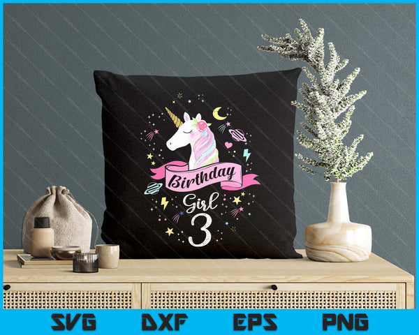 Kids 3 Year Old Girl Birthday Unicorn 3rd Birthday SVG PNG Digital Printable Files