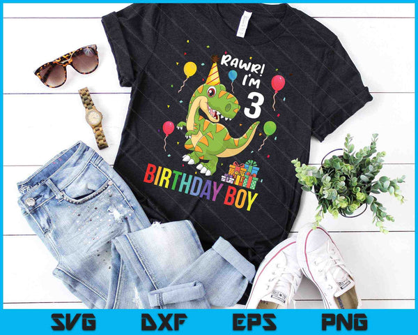 Kids 3 Year Old Shirt 3rd Birthday Boy T Rex Dinosaur SVG PNG Cutting Printable Files - on a t-shirt