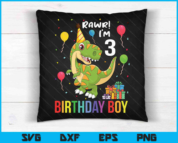Kinderen 3-jarige shirt 3e verjaardag jongen T Rex dinosaurus SVG PNG snijden afdrukbare bestanden
