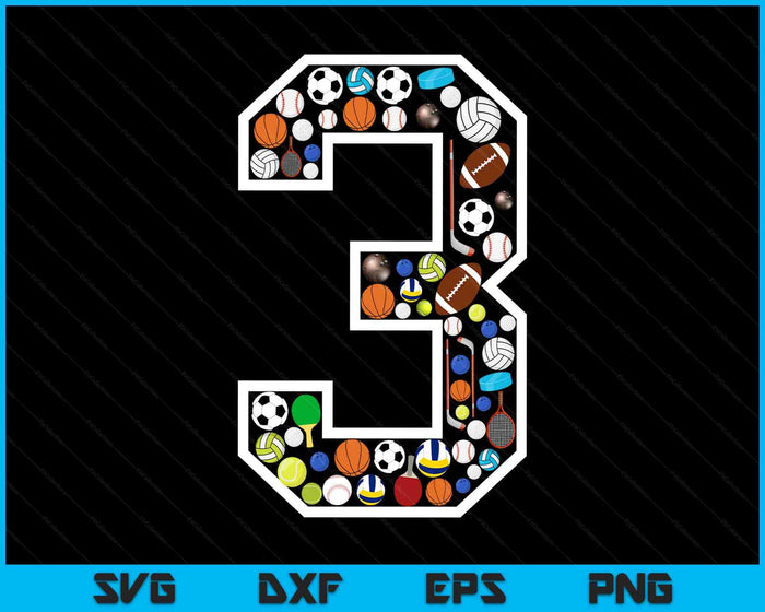Kids 3rd Birthday Sports Big Number Three 3 Year Old Boy SVG PNG Digital Printable Files
