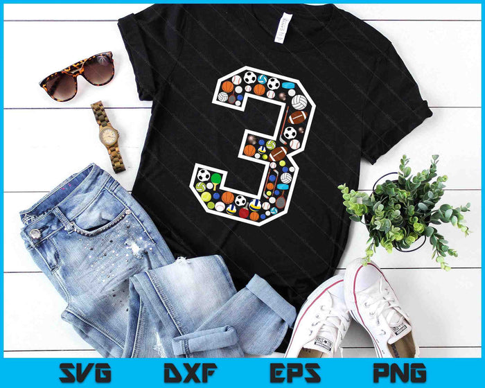 Kids 3rd Birthday Sports Big Number Three 3 Year Old Boy SVG PNG Digital Printable Files