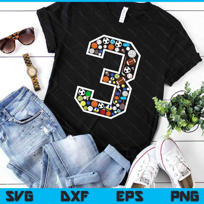 Kids 3rd Birthday Sports Big Number Three 3 Year Old Boy SVG PNG Digital Printable Files