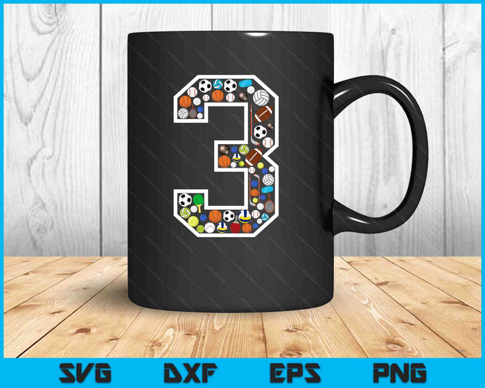 Kids 3rd Birthday Sports Big Number Three 3 Year Old Boy SVG PNG Digital Printable Files