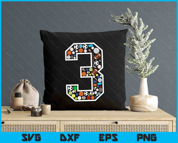 Kids 3rd Birthday Sports Big Number Three 3 Year Old Boy SVG PNG Digital Printable Files