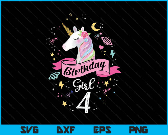 Kids 4 Year Old Girl Birthday Unicorn 4th Birthday SVG PNG Digital Printable Files