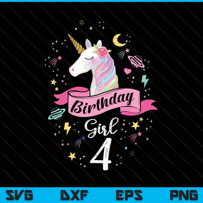 Kids 4 year old girl birthday unicorn 4th SVG cut file