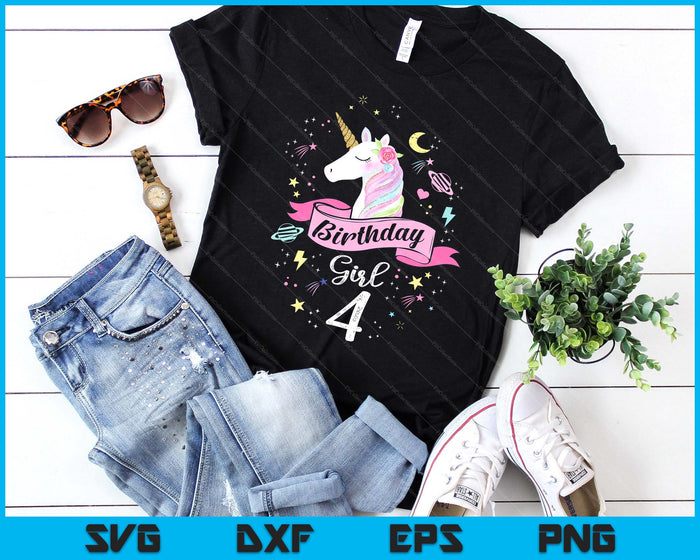 Kids 4 Year Old Girl Birthday Unicorn 4th Birthday SVG PNG Digital Printable Files